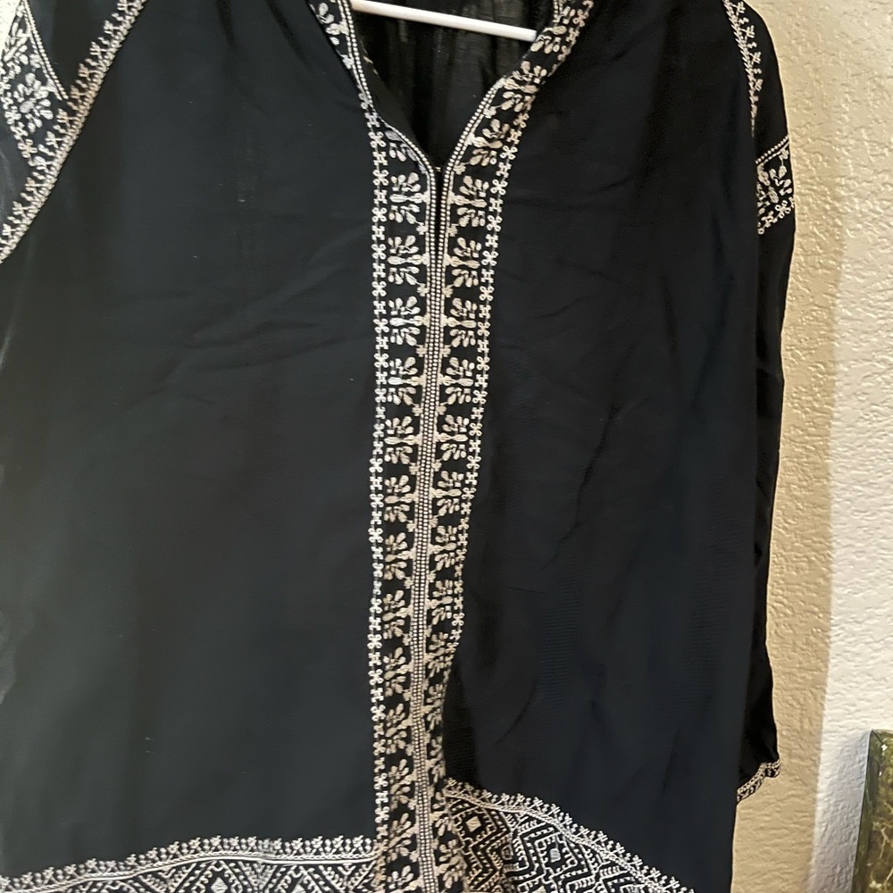 Madewell Black Blouse with White Embroidery